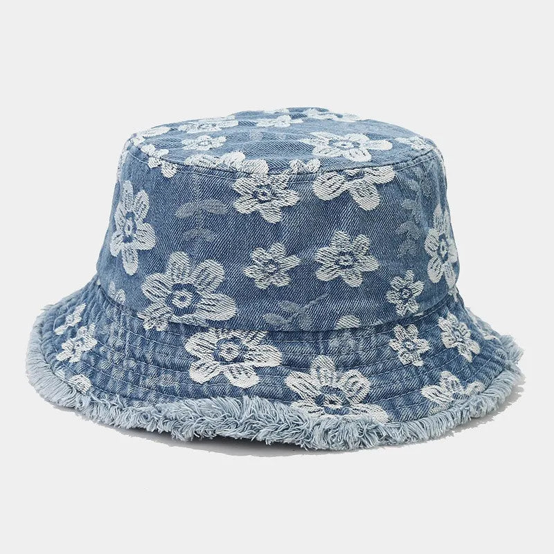 Four Seasons Denim Cartoon Flower Embroidery Bucket Hat