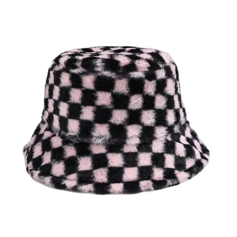 Ins Checkerboard Hat Women's Korean Version Plush Pink Bucket Hat