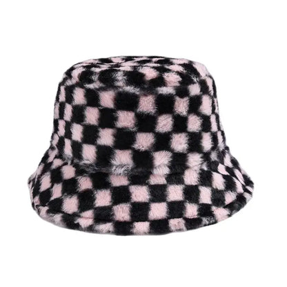 Ins Checkerboard Hat Women's Korean Version Plush Pink Bucket Hat