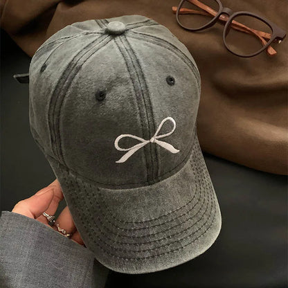 Pink Bow Baseball Cap For Women Y2K Korean Washed Denim Snapback Hat