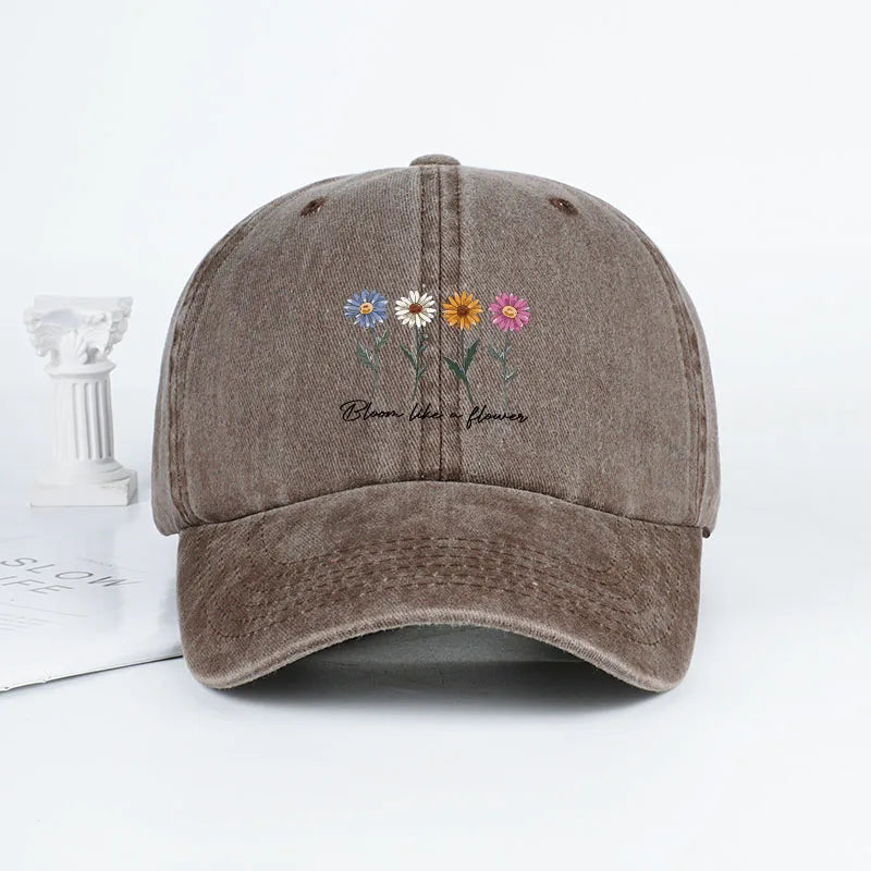 Vintage Washed Daisy Baseball Cap – Unisex “Flowers in Bloom” Letter Print
