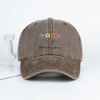 Vintage Washed Daisy Baseball Cap – Unisex “Flowers in Bloom” Letter Print