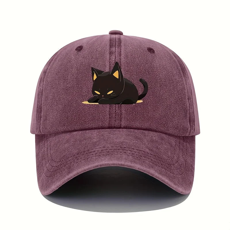 Retro Style Black Cat Printed Baseball Cap With Adjustable Sun Protection