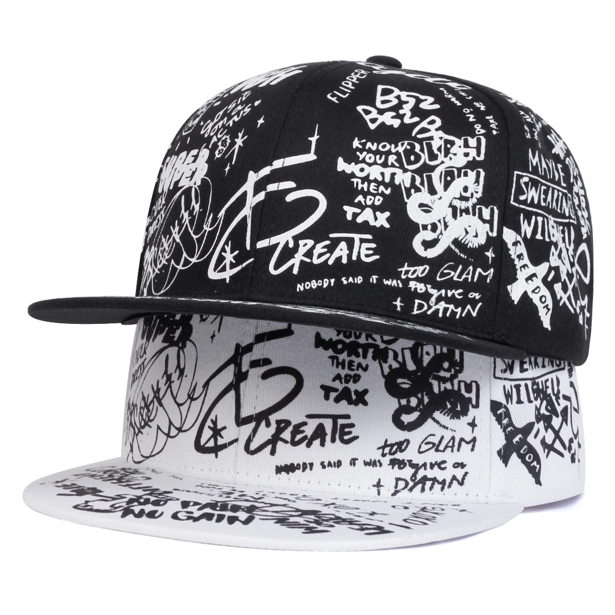 Unisex Black and white Letter Graffiti Printing Snapback Hats