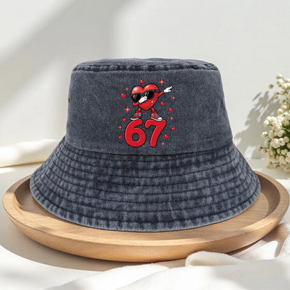 A Washed Denim Bucket Hat With A Sunglasses Heart Number