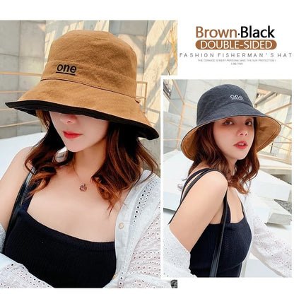 Womens ‘ONE‘ Letter Embroidery Double-Sided Cotton Bucket Hat
