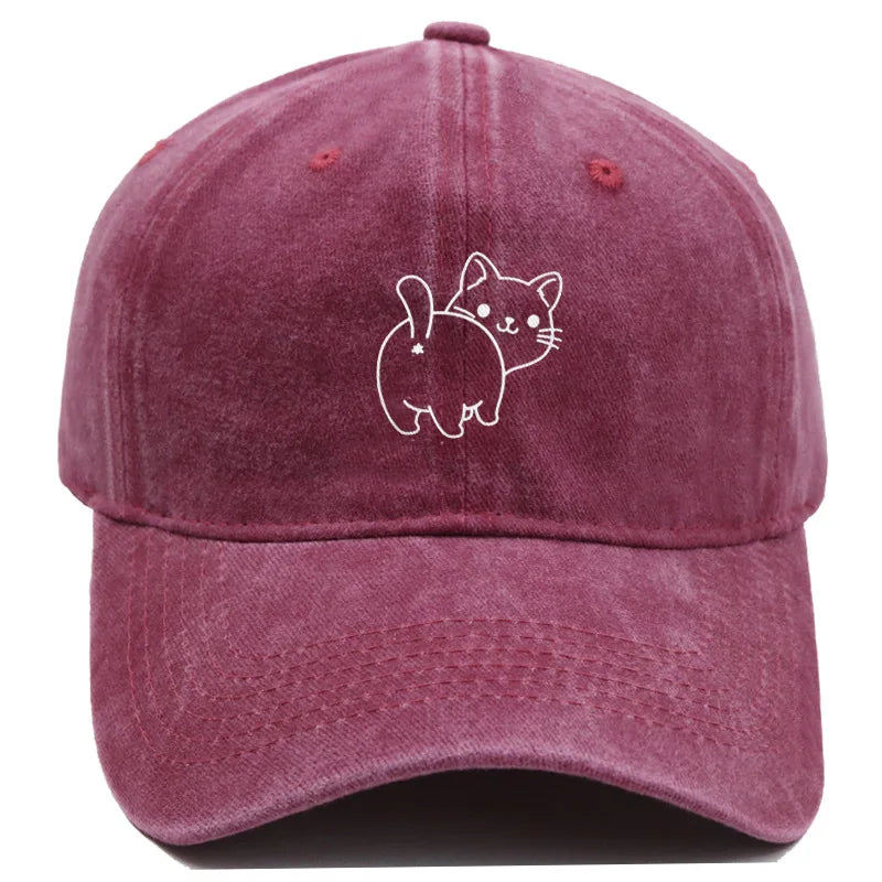 Cute Cat Butt Embroidered Washed Baseball Cap