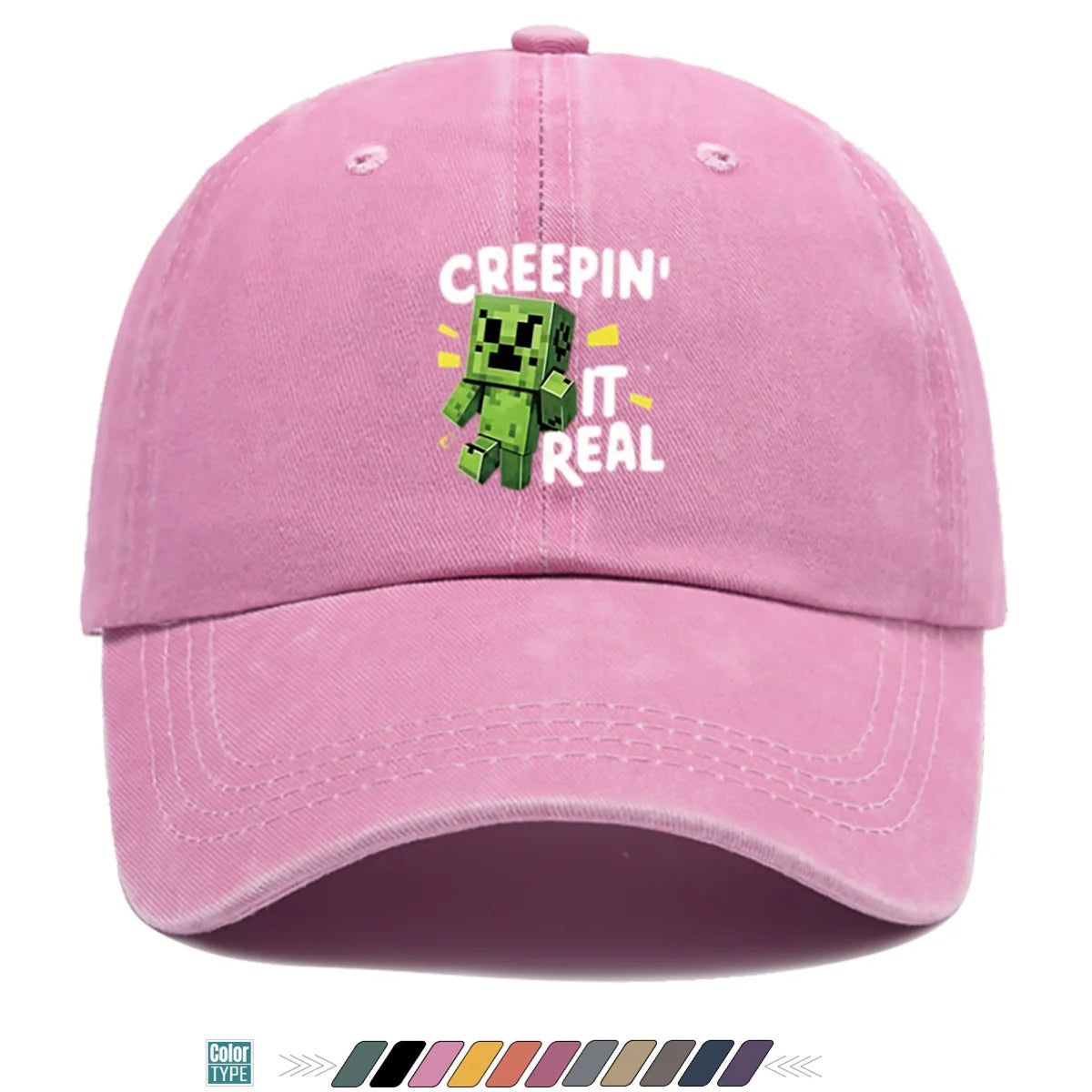 "Block-Based Game" Creeper Print Baseball Cap Fun English "CREEPIN' IT REAL
