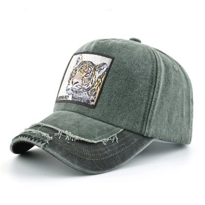 Vintage Denim Baseball Cap With Embroidery Leopard Patch
