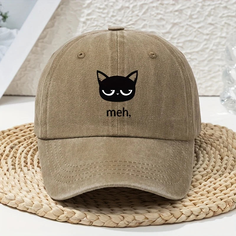 Cartoon Black Cat Print Vintage Washed Baseball Cap