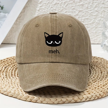 Cartoon Black Cat Print Vintage Washed Baseball Cap