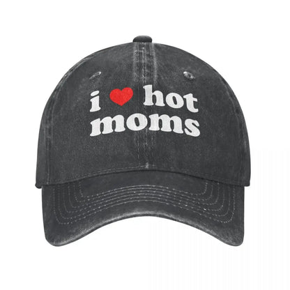 I Love Hot Moms Red Heart Baseball Caps