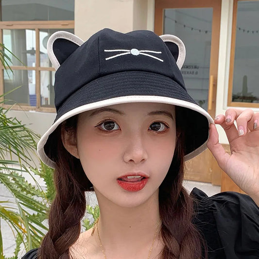 Korean Cartoon Cat Ears Women Bucket Hat