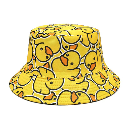 Double-sided Yellow Duck Print Pattern Panama Summer Sunscreen Fisherman Cap Bucket Hat