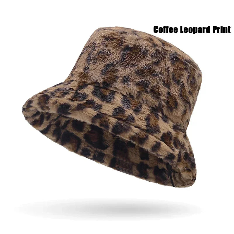New Autumn and Winter Lady Thick Warm Skin-Friendly Soft Plush Bucket Hat Leopard Print Bucket Hat