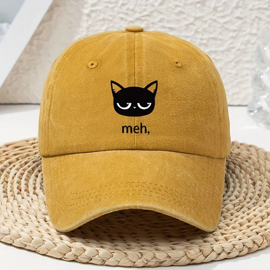 Cartoon Black Cat Print Vintage Washed Baseball Cap