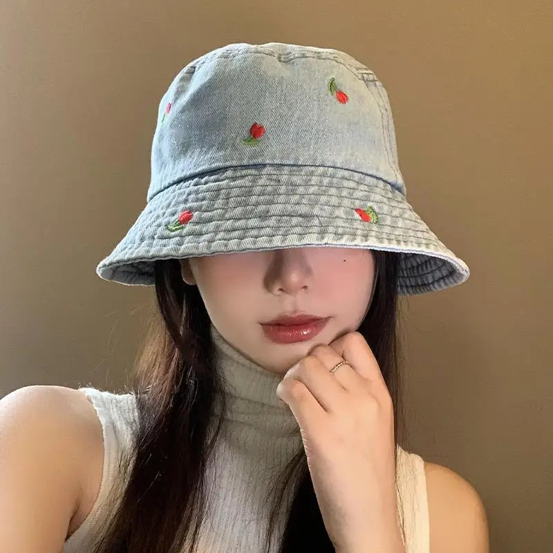 New Summer Hat For Women Denim Bucket Hat Embroidery Heart Butterfly Daisy