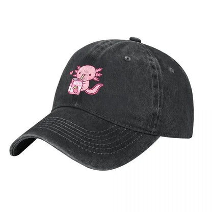Cute Axolotl Drinking Milk Washed Denim Baseball Cap