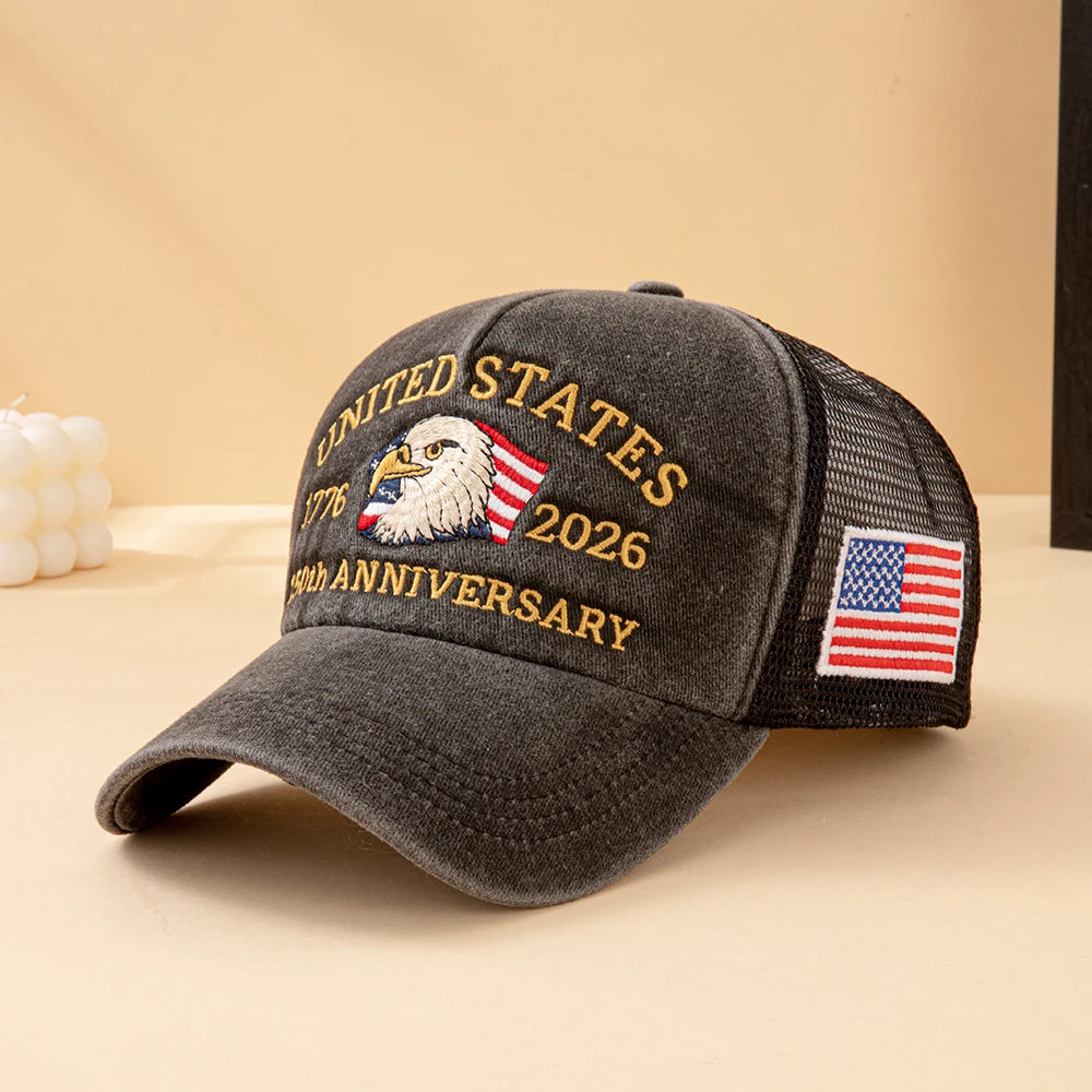United States 250th Anniversary 1776-2026 Bald Eagle Embroidered Washed Mesh Baseball Cap