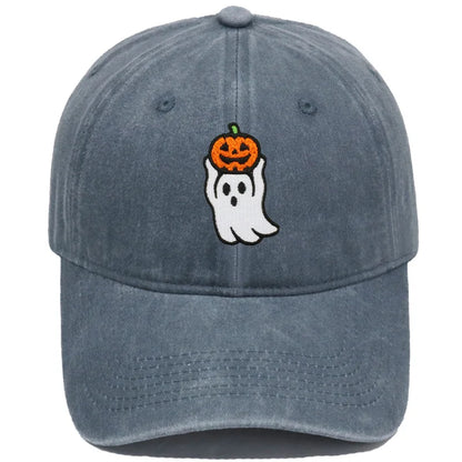 Vintage Washed Cute Ghost Holding Pumpkin Embroidery Baseball Cap