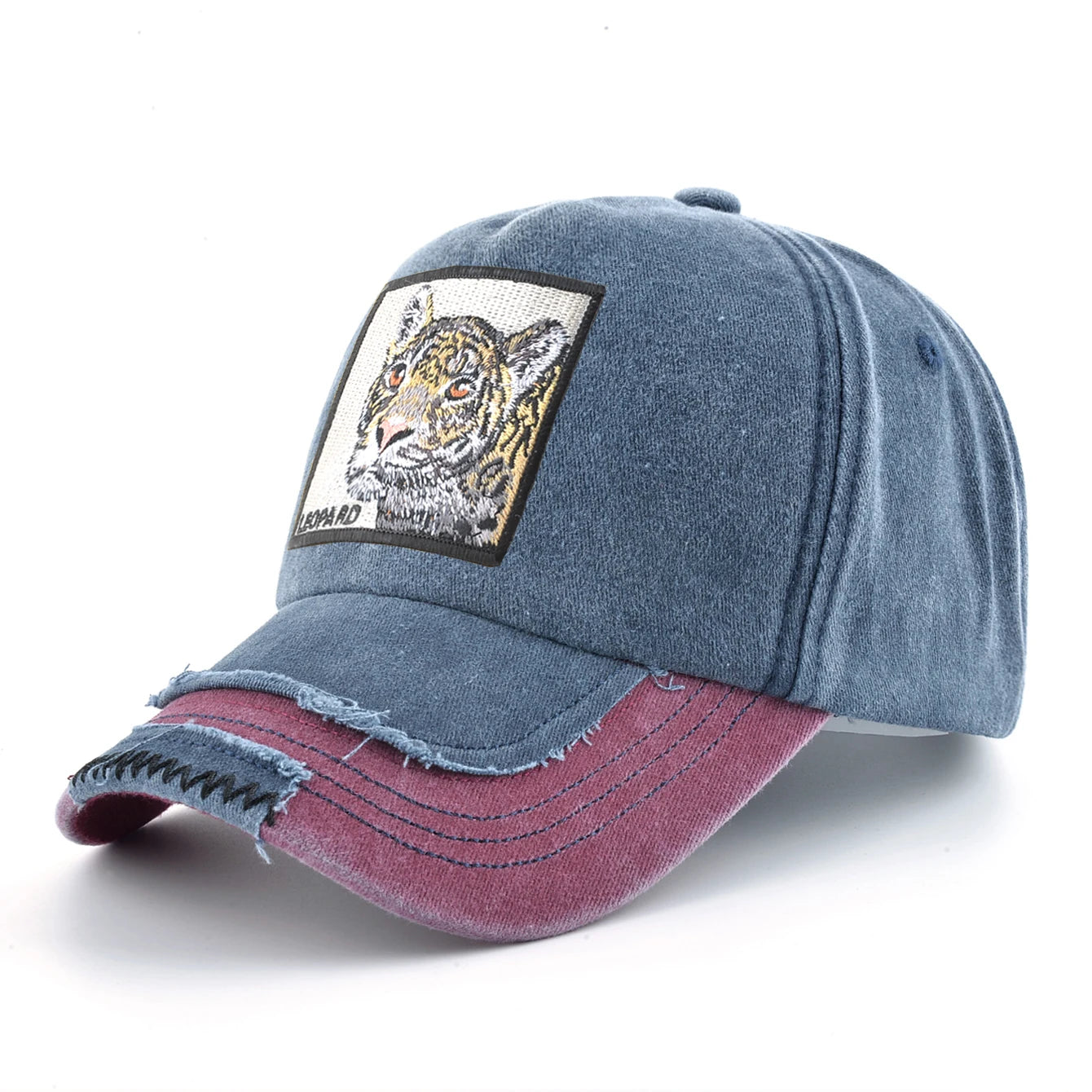 Vintage Denim Baseball Cap With Embroidery Leopard Patch