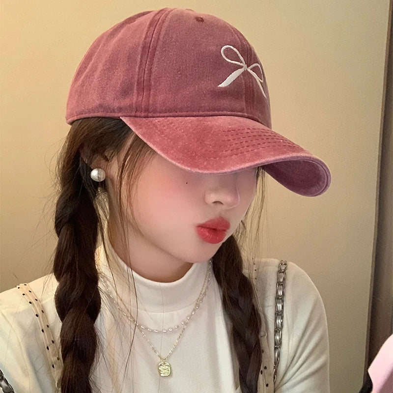 Pink Bow Baseball Cap For Women Y2K Korean Washed Denim Snapback Hat