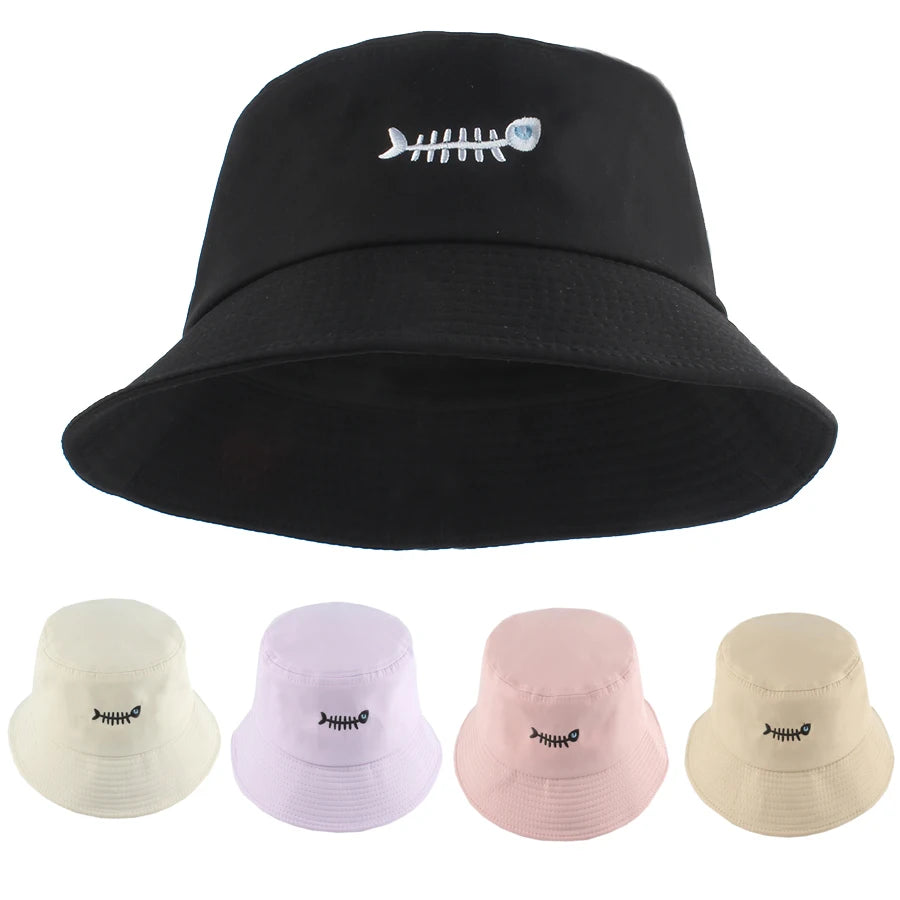 Fashion Street Hip Hop Bucket Hat Women Men Summer Fish Bone Embroidered
