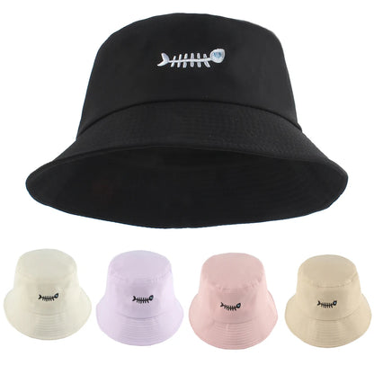 Fashion Street Hip Hop Bucket Hat Women Men Summer Fish Bone Embroidered