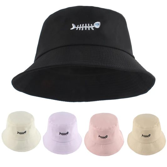 Fashion Street Hip Hop Bucket Hat Women Men Summer Fish Bone Embroidered