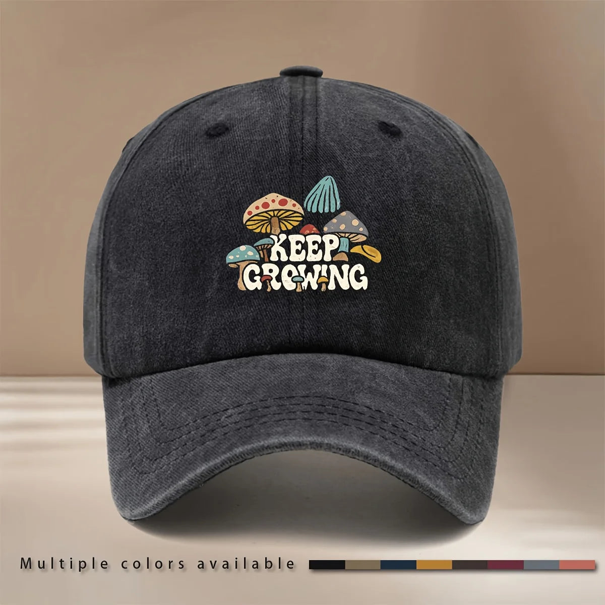 Baseball Cap With "KEEP GROWING" Text And Mushroom Pattern