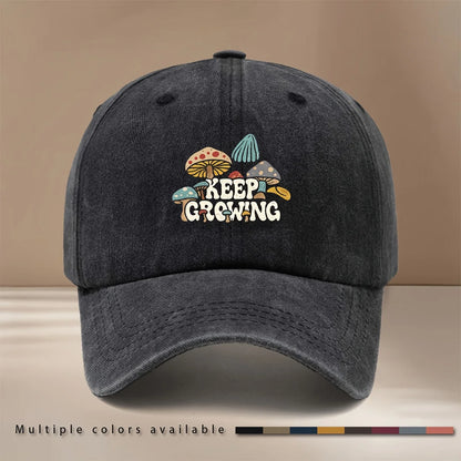 Baseball Cap With "KEEP GROWING" Text And Mushroom Pattern