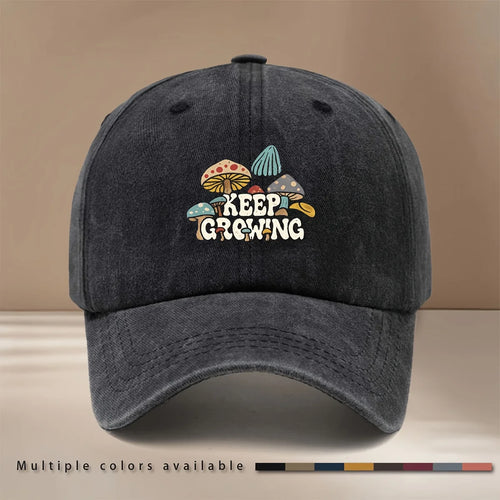 Baseball Cap With "KEEP GROWING" Text And Mushroom Pattern