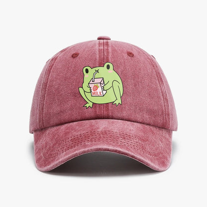 Cute Strawberry Milk Frog rint Washed Baseball Cap