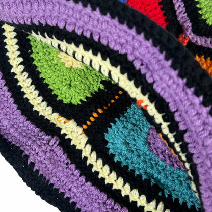 Purple-Edged Zuma Hat, Hand-Knitted Colorful Patchwork Crochet Bucket Hat