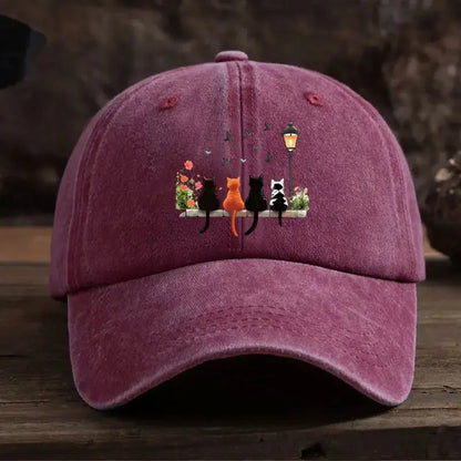 Washed Baseball Cap With Lantern Cats Cartoon Pattern Print