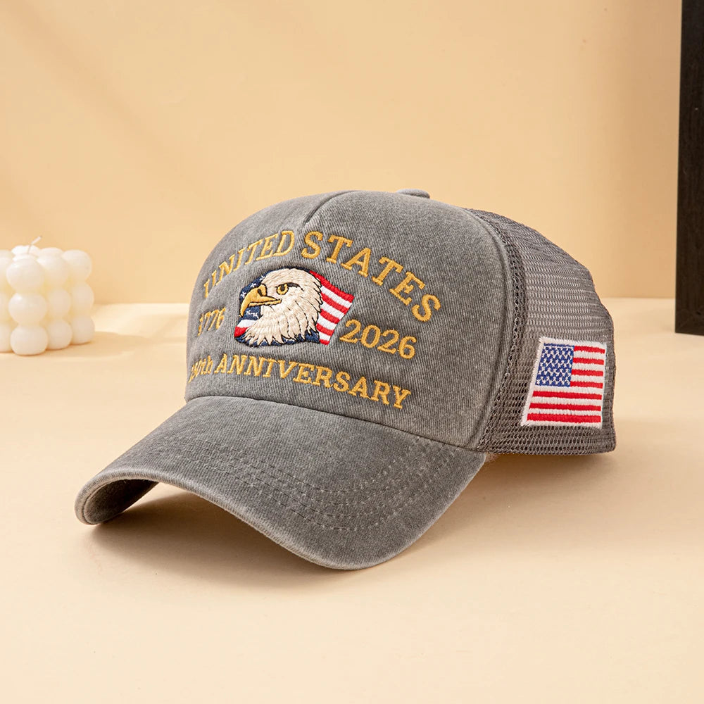 United States 250th Anniversary 1776-2026 Bald Eagle Embroidered Washed Mesh Baseball Cap