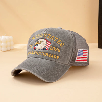 United States 250th Anniversary 1776-2026 Bald Eagle Embroidered Washed Mesh Baseball Cap