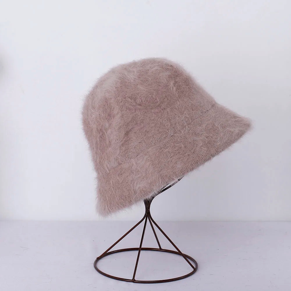 New Hat Winter Women's Fashion Solid Color Rabbit Fur Hat Bucket Cap
