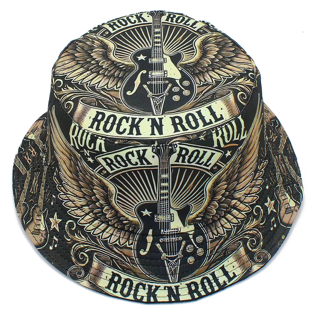 Rock Roll Letters Guitar Print Bucket Hat Double Sides Fisherman Hat Panama Cap