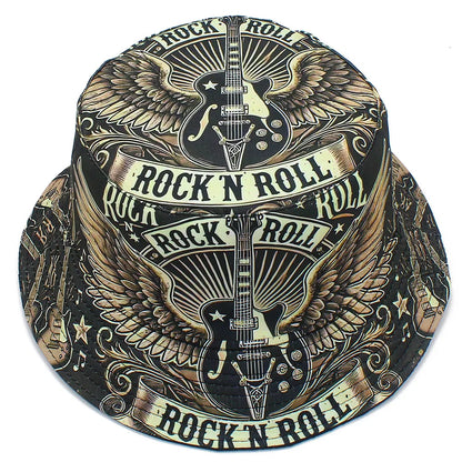 Rock Roll Letters Guitar Print Bucket Hat Double Sides Fisherman Hat Panama Cap