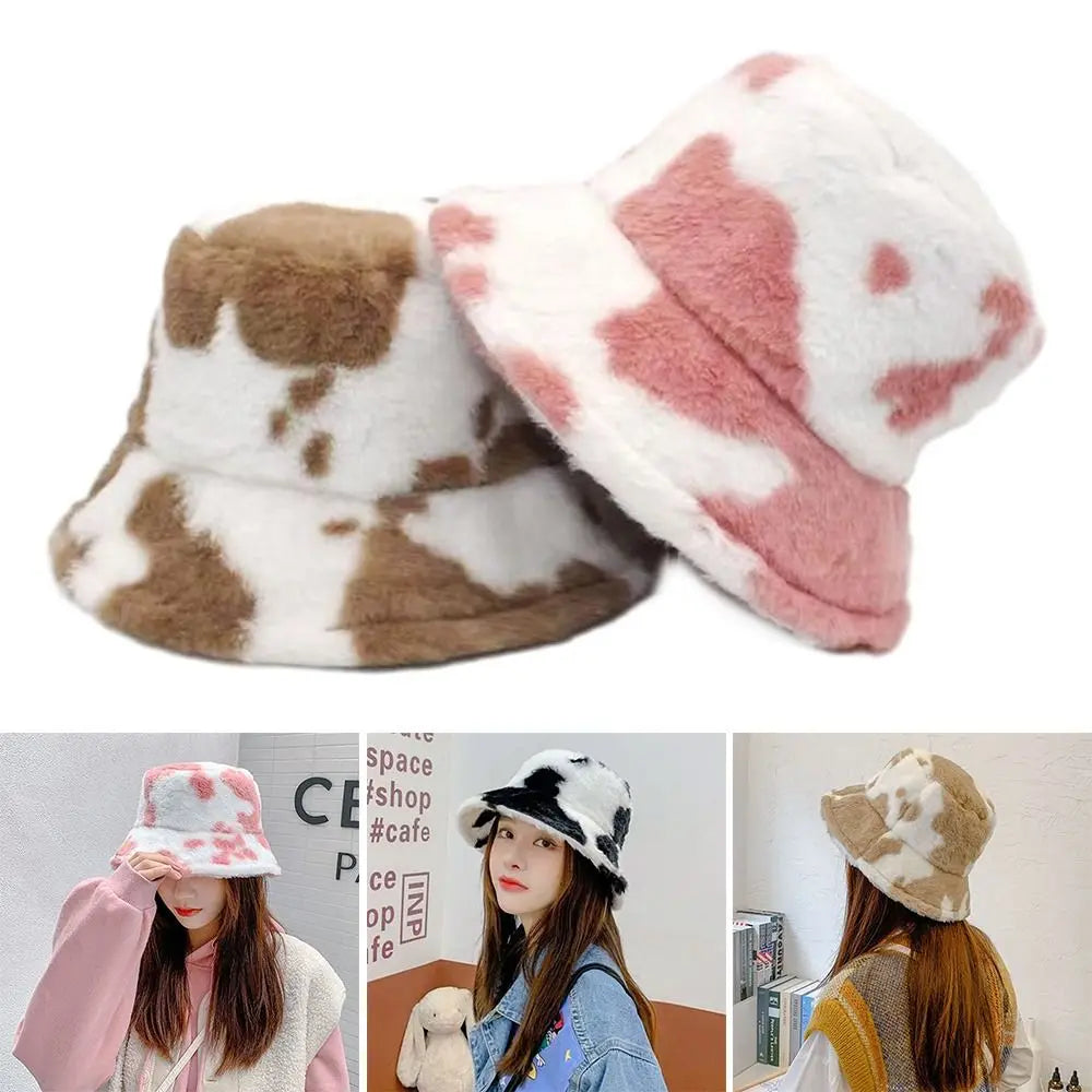 Outdoor Cow Stripe Bucket Hat Warm Fisherman Cap Casual Soft Panama Hat Men Women
