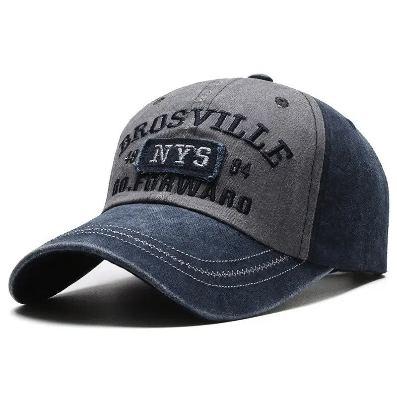 Four Seasons Men Baseball Cap Casual Distressed Cotton Letter Embroidered Cap Bent Brim Dome