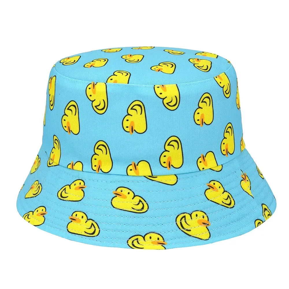 Double-sided Yellow Duck Print Pattern Panama Summer Sunscreen Fisherman Cap Bucket Hat
