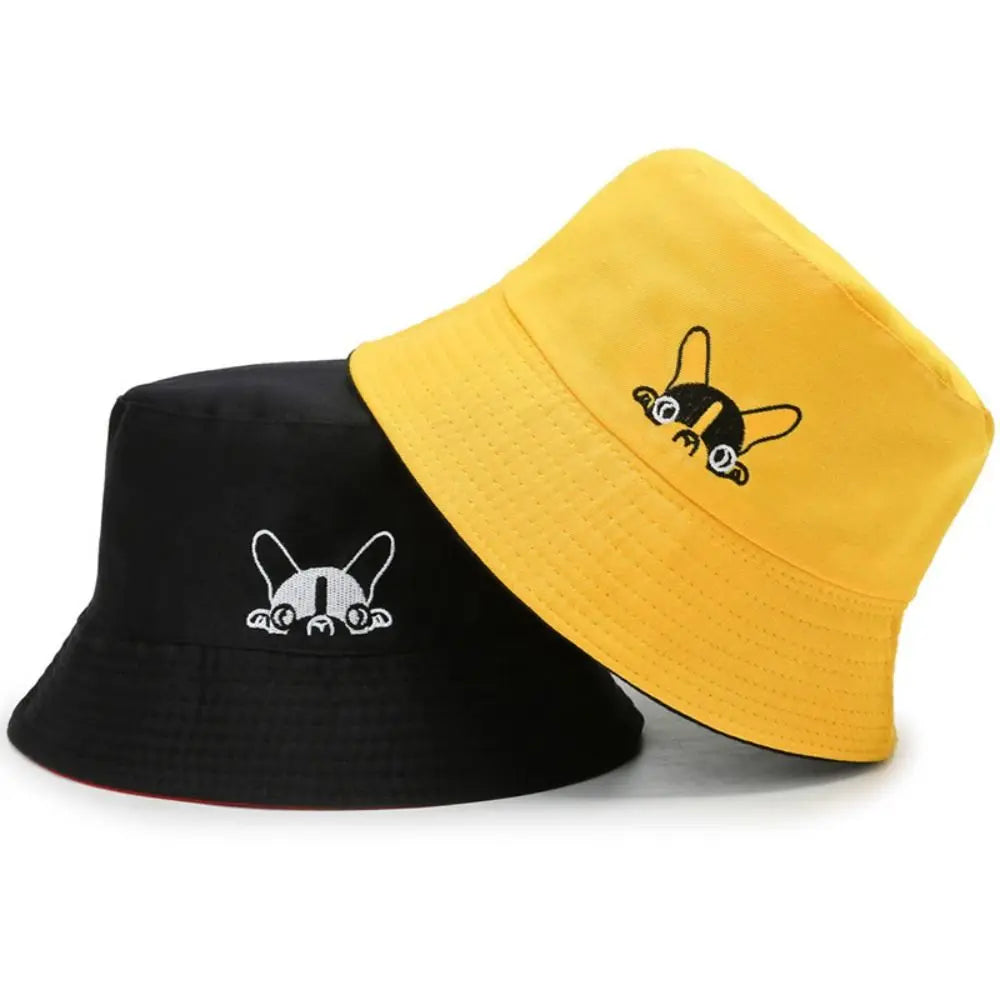 Portable Double-sided Wear Bucket Hat Cute Dog Embroidered Japanese Style