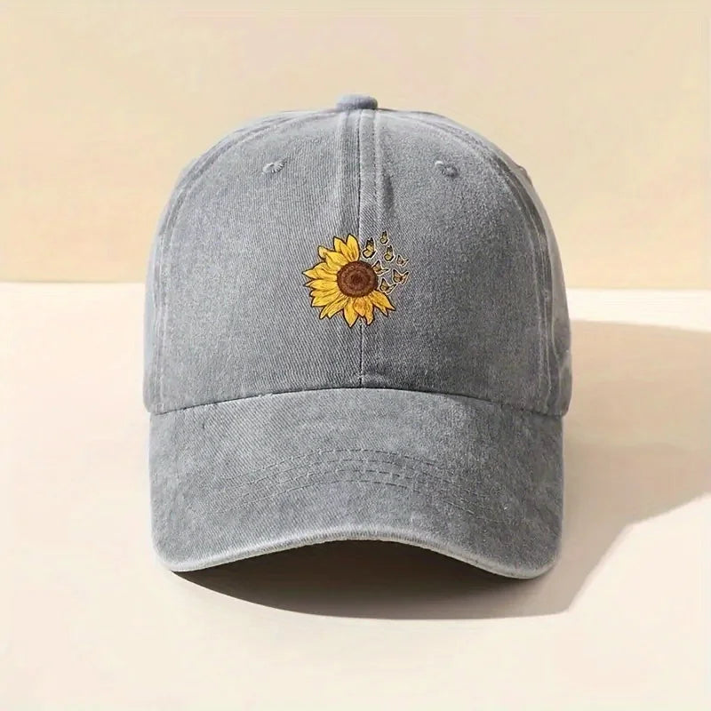 Sunflower Printed Baseball Cap With Retro Washed Soft Top Cap