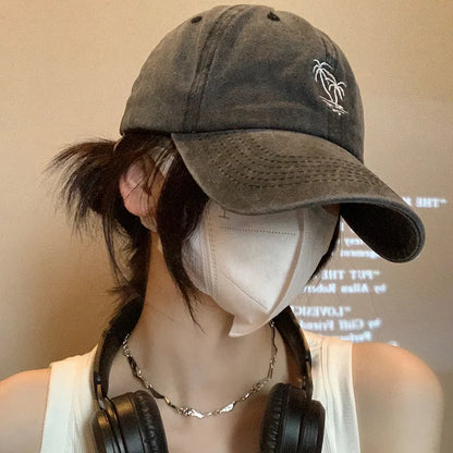 New Unisex Washed Cotton Cap Coconut Tree Embroidery Vintage Baseball Cap