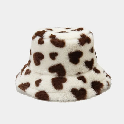 Winter Heart Print Faux Fur Fluffy Bucket Hat Women Outdoor Warm Hats