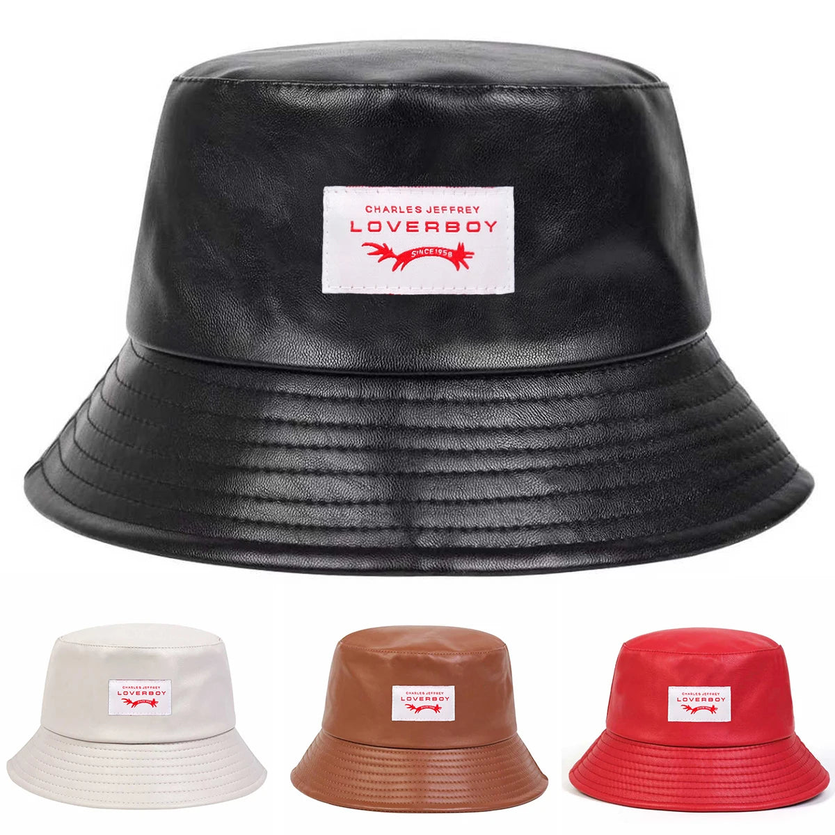 Unisex LOVERBOY Letter Sewing Label Personality Pu Leather Bucket Hats Fishermen Caps Sunscreen Hat