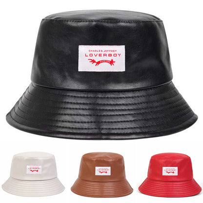 Unisex LOVERBOY Letter Sewing Label Personality Pu Leather Bucket Hats Fishermen Caps Sunscreen Hat