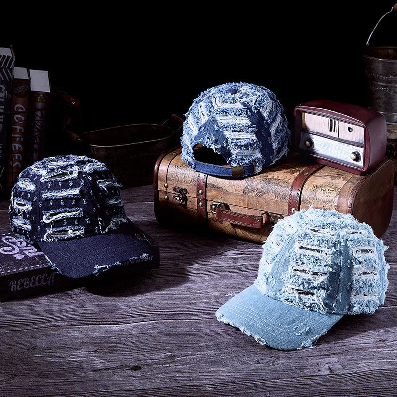 Distressed Denim Baseball Cap Vintage Ripped Style
